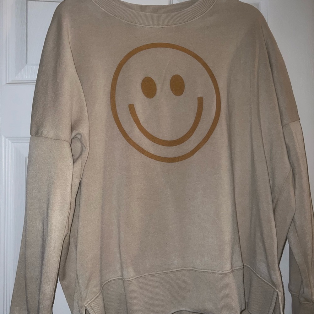 Pink Lily Smiley Face Beige Sweater
